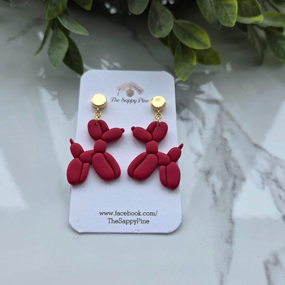 NEW Festive Balloon Dog in Rich Red Polymer Clay Earrings
